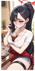 1girls ai_generated arm_under_breasts between_breasts black_hair blue_archive blush breasts_squeezed_together cafe calling cleavage coffee collarbone cup denim drinking female hairclip halo holding_phone ichika_(blue_archive) indoors large_breasts leg_strap looking_down molamaxuy on_chair perfect_body ponytail red_eyes sexy short_sleeves shorts sitting solo sunlight sweater_around_waist t-shirt thighs very_long_hair white_shirt
