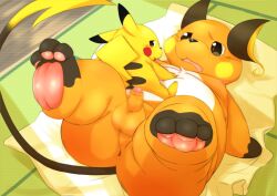 2boys anus blush furry gay male_only nipples on_back open_mouth orange_fur overweight pawpads pikachu pokemon pokemon_(species) pokemon_rgby raichu rodemaru size_difference small_penis tatami tears yaoi