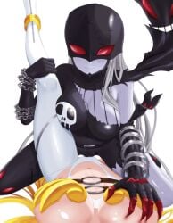 2girls angel angel_and_devil angewomon belly_button big_breasts breast_grab breasts clothed digimon digimon_(species) digimon_adventure digimon_only female female_only female_pov grey-skinned_female grey_skin hi_res highres ladydevimon light-skinned_female light_skin omeka_gamma toei_animation yuri