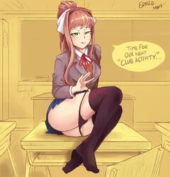 1girls bedroom_eyes black_panties black_thighhighs brown_hair butt classroom clothed clothing desk dialogue doki_doki_literature_club ernst_d female female_pervert green_eyes grey_jacket hair_ornament hair_ribbon jacket looking_at_viewer monika_(doki_doki_literature_club) panties panties_around_legs panties_down ponytail pov pov_eye_contact school_uniform schoolgirl sitting_on_desk skirt smile solo solo_female speech_bubble taking_off_panties text thighhighs undressing vest watermark white_shirt