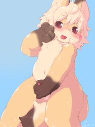 balls blush canid canine fox genitals hi_res humanoid_penis kitsunepurin male male_only mammal masturbation nipples penis solo standing young