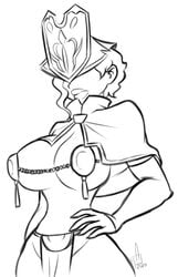 2020 alora_(oc) big_breasts breasts bridal_gauntlets covered_eyes female hand_on_hip hat loincloth monochrome nipple_covers original pranky priestess sketch