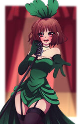 1girls blush breasts brown_hair chara choker dress elbow_gloves eyebrows eyebrows_behind_hair female garter_belt garter_straps gloves green_dress green_gloves human lingerie long_gloves microphone nuvex red_eyes solo stage thick_thighs thighhighs thighs thighs_together undertale wide_hips