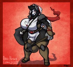 1boy anthro arai araidian_(artist) armor balls big_balls big_breasts big_penis blush breasts bulge busty canid canine canis chainmail cleric domestic_dog genitals gynomorph hood huge_balls huge_cock husky hyper hyper_balls hyper_bulge hyper_genitalia hyper_penis intersex looking_at_viewer mace male_with_breasts mammal melee_weapon nordic_sled_dog penis scarf scroll shield solo_male spitz thick_thighs weapon