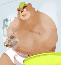 2020 absurd_res anthro ashigara bathing blush brown_body brown_fur bulge fur hi_res kemono kwzu male male_only mammal moobs nipples overweight overweight_male sitting solo tokyo_afterschool_summoners towel ursid video_games