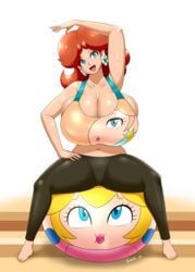 3girls alternate_breast_size big_breasts breasts breasts_bigger_than_head brown_hair cleavage clothing_transformation exercise exercise_ball female female_only huge_breasts inanimate_transformation large_breasts living_clothes mario_(series) nintendo princess_daisy princess_peach princess_rosalina speeds sports_bra transformation yoga_ball yoga_pants