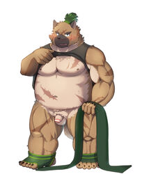 2020 7575el anthro balls belly blush canid canine canis censored clothed clothing domestic_dog flaccid genitals hi_res humanoid_hands humanoid_penis kemono male male_only mammal moobs nipples open_shirt overweight overweight_male penis shirt simple_background solo tokyo_afterschool_summoners topwear video_games white_background yasuyori