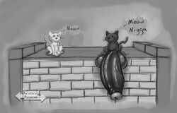 :3 animal anthro artist_name brick_wall bricks cat cat_tail feline funny greyscale hanging_penis humor hyper hyper_penis large_penis meme monochrome nomad_reverse onomatopoeia partially_retracted_foreskin penis sketch tail watermark whiskers wide_penis