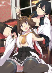 2girls admiral_(kantai_collection) ahoge areola_slip areolae bangs black_hair black_legwear black_panties breasts brown_hair cigarette couch crossdressing detached_sleeves frilled_skirt frills garter_straps grabbing_own_breast hairband headgear highres holding holding_cigarette indoors kantai_collection kongou_(kantai_collection) large_breasts lingerie long_hair lying male male_pubic_hair multiple_girls nontraditional_miko on_side open_clothes panties panties_around_one_leg penis penis_under_clothes pubic_hair purple_eyes remodel_(kantai_collection) ribbon-trimmed_sleeves ribbon_trim sitting skirt smoke smoking takemura_sesshuu thighhighs underwear white_panties wide_sleeves window