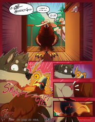 accipitrid accipitriform addison_(frisky_ferals) animal_genitalia anthro avian beak bird bodily_fluids brown_body brown_eyes brown_feathers canid canine canis claws clothing comic conditional_dnp daughter devon_(frisky_ferals) digital_media_(artwork) door eagle english_text feathers female feral flower frisky_ferals fur genitals golden_eagle green_eyes grey_body grey_feathers grey_fur harness hat head_tuft headgear headwear hi_res hindpaw hug inside kissing letter male mammal mother no_harm_no_fowl nude orange_sclera outside page_195 parent paws penis penis_tip plant scar secretary_bird sefeiren sheath simon_(frisky_ferals) size_difference sky speech_bubble standing stella_(frisky_ferals) sun_hat surprise sweat sweatdrop text tongue tree true_eagle tuft wolf