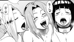 3girls black_and_white doujinshi hyuuga_hinata ino_yamanaka karakishi_youhei-dan monochrome naruto sakura_haruno sunahara_wataru tagme throat tongue tongue_out