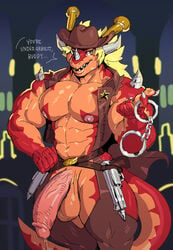 abs anthro balls barazoku biceps big_balls big_penis blonde_hair claws clothing cowboy cowboy_hat digital_media_(artwork) dragon drum drum_(buddyfight) erection future_card_buddyfight genitals hair hat headgear headwear hi_res horn huge_balls huge_cock humanoid_penis looking_at_viewer male male_only muscular muscular_male musical_instrument nipples nude pecs penis percussion_instrument red_dragon scalie sheriff simple_background smile solo sxfpantera tongue