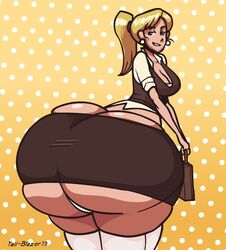 ass_cleavage barely_contained blonde_hair bottom_heavy bursting_ass butt_crack earrings gigantic_ass huge_ass hyper hyper_ass massive_ass ponytail tail-blazer