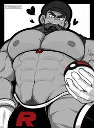 1boy abs bara beard big_pecs black_border bulge chest cliff_(pokemon) eye_contact flaccid frieddough gay gloves greyscale half-closed_eyes hat heart holding human human_only looking_at_viewer looking_down male male_only mostly_nude mouth_hold muscle muscles muscular muscular_male nintendo nipples no_panties no_shirt partially_colored pecs poke_ball pokemon pose pubic_hair shirt shirt_lift sketch smile solo source_request standing teeth testicles text thick_thighs underwear watermark white_background yaoi