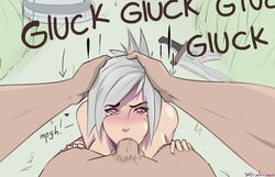 1boy 1girls angry balls blowjob blush deepthroat fellatio female forced_oral heart-shaped_pupils league_of_legends looking_at_viewer nude oral pubic_hair riven sex_sounds silver_hair stormbringer tearing_up text