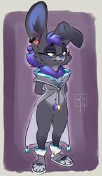 2020 anthro black_body black_fur bottomless brown_eyes clothed clothing eyewear female footwear fur genitals glasses hair hi_res lagomorph leporid mammal navel paws purple_hair pussy rabbit reign-2004 simple_background solo standing