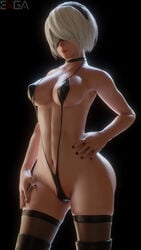 1girls 3d big_breasts bikini blender breasts cleavage exga female female_only large_breasts nier nier:_automata sling_bikini thighhighs yorha_2b