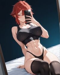 1girls :/ abs ai_generated aizawa_tomo bed belly_button blush cellphone closed_mouth female hair_between_eyes half-closed_eyes hand_behind_back highleg holding_object holding_phone large_breasts looking_away mirror mirror_selfie navel notreallyhere perky_breasts phone red_eyes red_hair selfie short_hair sidelocks sitting sitting_on_bed smartphone solo tank_top thighhighs thong tomo-chan_wa_onna_no_ko toned toned_female