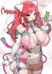android big_breasts cat_ears cat_humanoid cat_tail green_eyes huge_breasts huge_thighs long_hair navel oc original_character red_hair robot_girl thigh_belt thighs twintails white_background