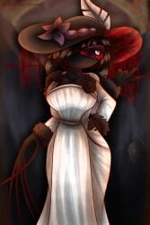 2d 4_arms alcina_dimitrescu alcina_dimitrescu_(cosplay) american_mythology artist_name artist_signature big_hat big_wings black_body black_gloves black_hair cigarette_holder clawed_fingers claws commission commission_art feathers flower long_claws mothman mothwoman mythology north_american_mythology not_tlc red_eyes request requested resident_evil resident_evil_8:_village roblox smoking_pipe vivian_red white_dress wings