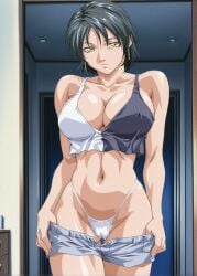 1girls accurate_art_style adult adult_female ai_generated bare_breasts bare_shoulders bible_black big_breasts black_hair blush breast_focus breasts busty denim denim_shorts door doorway earrings erect_nipples erect_nipples_under_clothes exhibitionism exhibitionist facing_viewer faithful_to_the_anime female female_only front_view g-string highleg highleg_panties jewelry large_breasts lazycpt looking_away makeup mature mature_female milf minase_yukiko nipples nipples_visible_through_clothing no_bra no_bra_under_clothes open_clothes open_fly open_shorts oppai outdoors panties pinup pose posing posing_for_the_viewer revealing_clothes sagging_breasts see-through see-through_panties shameless shirt shirt_lift short_shorts shorts shorts_down shy skimpy skimpy_clothes solo solo_focus standing taking_clothes_off tank_top town two-tone_shirt unbuttoned unbuttoned_shorts undressing voluptuous wedgie yellow_eyes young_adult young_adult_female