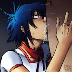 2d 2d_(artwork) alternate_version_at_source alternate_version_available asian asian_female black_eyes blowjob blue_hair burn_scar deepthroat digital_media_(artwork) fully_clothed gorillaz hand_on_ass hand_on_thigh motion_lines neck_bulge noodle_(gorillaz) noodle_(plastic_beach) red_lipstick red_scarf saliva scarf speed_lines sucking sucking_penis sunnova_robot sweat throat_bulge throat_fuck vein