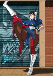 1boy 1girls ahe_gao barefoot between_legs black_eyes boots bracelet breasts brown_hair capcom carrying chun-li crossover eastern_and_western_character expressionless feet female femdom foot_worship full_body graffiti hair_bun hand_on_own_hip humiliation jewelry large_breasts leg_lock lips looking_at_another looking_down marvel marvel_vs._capcom mask one_leg_raised open_mouth pantyhose road serious shukeiart size_difference spider-man spider-man_(series) spiked_bracelet spikes strangling street street_fighter sweat tall_female thick_thighs thighs