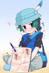 /\/\/\ 1boy bag black_hair black_shirt blue_headwear blue_vest blush booth_tomato commentary crossed_legs cum cum_on_body cum_on_lower_body ejaculation green_hair grey_shorts hat hat_feather heart implied_masturbation kemono_friends kyururu_(kemono_friends) looking_at_viewer male_focus male_only multicolored_hair pencil penis purple_eyes revealing_cutout shirt short_hair shorts shoulder_bag sitting sketchbook smile solo sweat vest