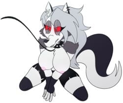 1girls anthro big_breasts breasts canine cleavage earrings female furry grey_hair helluva_boss leash lidded_eyes loona_(helluva_boss) nipples red_sclera solo spiked_collar topless vivienne_medrano white_eyes zeggiepaws