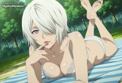 2b_(nier:automata) ai_generated anime anime_style ass barefoot blue_eyes bra breasts cleavage collarbone day feet feet_up female finger_to_mouth forest hair_over_one_eye hentai hi_res legs_up licking looking_at_viewer lying medium_breasts mole mole_under_mouth mystic_maidens nature nier nier:_automata nier_(series) on_stomach outdoors panties patreon short_hair soles solo the_pose toes tongue tongue_out tree underwear underwear_only white_bra white_hair white_panties yorha_2b