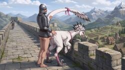 1girls 2025 accessory against_surface against_wall ai_generated amazing_background animal_genitalia armor ass barefoot beard bipedal_feral bodily_fluids bottomless bottomless_male bow_ribbon breasts casual_exposure casual_sex cloaca cloacal cloacal_penetration clothed clothed_sex clothing crown cum cum_drip cum_in_cloaca cum_inside cum_on_ground deinonychus detailed_background dinosaur director_name dripping dromaeosaurid duo_focus facial_hair fantasy feathered_crest feathers feet female female_feral feral feral_(midria) feral_penetrated foot_wraps from_behind_position furgonomic genital_fluids genitals girl green_eyes group hand_on_butt hand_on_tail head_crest headgear heart helmet hi_res human human_is_better human_on_feral human_penetrating human_penetrating_feral interspecies looking_back male male/female male_human male_human/female_feral male_on_feral mammal medieval motion_lines outside_sex penetration penile penile_penetration penis penis_in_cloaca reptile scalie sex solo standing tagme tail tail_accessory terraraptor theropod thrusting tiara town wall_(structure) white_body white_feathers winged_arms wings world_of_midria wraps