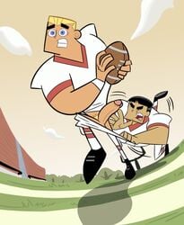 2boys accidentally_gay aizenhower asian_male black_hair bleachers blonde_hair blue_eyes clenched_teeth danny_phantom dash_baxter embarrassed erection exposed_penis eyes_closed football football_field football_uniform gay kwan large_penis male male_only motion_lines mouth_open multiple_males nickelodeon pants_pulled_down pantsing penis pubic_hair running tackle teen_boy yaoi