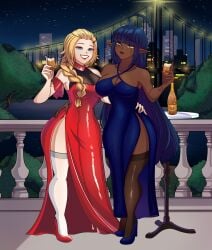 radiant_toast_(artist) bel_(beltorchika12) beltorchika12 blonde_female blonde_hair ponytail blue_eyes dress headpiece female female_focus female_only oc elf dark-skinned_female light-skinned_female dark_skin light_skin dark_blue_hair shoulderless_dress hands_on_hips thick thighs champagne alcohol smiling braided_hair 2female 2girls cocktail_dress slit_dress heels leggings