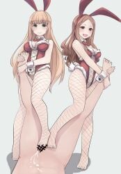 1boy 2girls bar_censor blonde blonde-haired_female blonde_female blonde_hair blonde_hair_female bunny bunny_ear bunny_ears bunny_girl bunny_tail bunnygirl bunnysuit censor_bar censored censored_penis cum ejaculation fishnets footjob green_eyes green_eyes_female kikiu_bd long_hair long_hair_female open_mouth orgasm semen shadow simple_background thick_thighs thighs