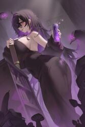 1girls absurdres banana banana_peel bare_shoulders big_breasts black-framed_eyewear black_cardigan black_dress black_hair blush book bookshelf breasts can cardigan cardigan_partially_removed colored_inner_hair commentary dress drink_can drooling female female_only floating_skull food fruit glasses glowing glowing_eyes goddess_of_victory:_nikke hair_over_one_eye hakkun270 highres holding holding_book holding_can huge_breasts label_(nikke) large_breasts long_hair mole mole_on_breast monster_energy multicolored_hair mushroom pale_skin purple_eyes purple_hair purple_streaks saliva solo streaked_hair sweat taut_clothes taut_dress two-tone_hair