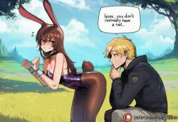 tillian ai_generated rwby jaune_arc velvet_scarlatina 1girl animal_ears rabbit_tail pantyhose rabbit_ears tail brown_hair playboy_bunny 1boy blonde_hair outdoors english_text breasts leotard blush long_hair grass brown_eyes day cleavage