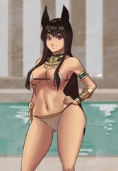 1girls animal_ears animal_humanoid ankh anubis_(houtengeki) armlet bangs bikini black_hair breasts canine_humanoid choker dog_ears egyptian female female_only front_view gold gold_jewelry hair_between_eyes hand_on_hip jewelry long_hair medium_breasts navel original pool poolside red_eyes sidelocks skimpy smile solo standing toned toned_female usekh_collar vambraces very_long_hair white_bikini wide_hips zanzagen