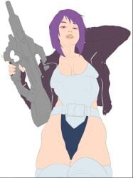 areolae athletic athletic_female big_breasts breasts breasts_out brown_eyes busty corset female female_focus female_only ghost_in_the_shell hourglass_figure jacket kusanagi_motoko leotard makeup nipples pinup pinup_pose purple_hair standing tagme thigh_boots thong_leotard tipodeincognito undressed undressing white_background wide_hips