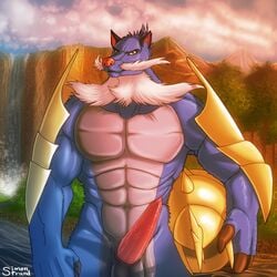 1:1 1boy abs anthro anthrofied armor armpits erection eye_contact furry half-closed_eyes hi_res looking_at_viewer male male_only muscular nintendo no_nipples original_character otter pecs penis pokémon_(species) pokemon pokemon_bw samurott sheath solo testicles text veins video_games watermark windblast