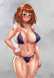 1girls artist_name big_breasts bikini breasts brown_hair clothing female female_only hair large_breasts light-skinned_female light_skin my_hero_academia ochako_uraraka solo watermark windeburg