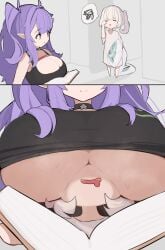 2girls absurdres ahoge between_breasts breasts choker eepy_sleepy grey_hair head_between_breasts highres huge_breasts long_hair marimari_en multiple_girls open_mouth phase_connect pointy_ears purple_eyes purple_hair sanaerin shirt side_ponytail smile star_(symbol) underboob virtual_youtuber white_shirt