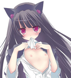 amanagi_seiji animal_ears black_hair blush female flat_chest flower gokou_ruri hairband long_hair mole mole_under_eye napkin nekomimi nipples no_bra open_clothes ore_no_imouto_ga_konna_ni_kawaii_wake_ga_nai purple_flower purple_rose red_eyes rose solo