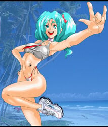 1girls bare_shoulders beach big_breasts bikini bikini_bottom blue_eyes blue_hair busty choker curvy detailed_background ear_piercing earrings eyelashes female female_only front_view hair_ornament hand_on_hip hands_on_hip hands_on_hips hourglass_figure human leg_lift leg_up long_hair looking_at_viewer midriff nipple_bulge open_mouth original_character outdoor outside piercing pose posing ribbon shoes skimpy solo swimsuit tattoo thong tied tied_hair tree twintails voluptuous water wide_hips xplotter