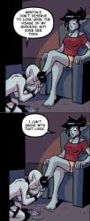 1girl1boy absurdres adoration barefoot black_hair canon_couple comic darian_(newman) devotional dialogue dialogue_bubble dnd dnd_character dominant_female drow drow_(dnd) drow_female drow_male dungeons_and_dragons edit feet foot_fetish foot_focus foot_play foot_worship funny grey_skin happy_dom happy_sub highres joshulrich_(artist) kathryn_(newman) kneeling loving_couple newman_(webcomic) pedicure praise red_toenail_polish romantic_couple submissive_male toes webtoon