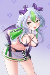 1girls 2d :p arched_back belly_button big_breasts bikini blush breasts cleavage elbow_gloves eyeshadow female female_only fit fit_female flat_stomach froot gloves green_eyes green_hair grey_hair hair hair_on_shoulders hairclip hand_on_hip hand_on_thigh hanging_breasts happy hips horn_piercing horns indie_virtual_youtuber jacket large_breasts leaning_forward looking_at_viewer lowleg lowleg_skirt miniskirt multicolored_hair navel pale-skinned_female pale_skin petite pointy_ears purple_eyeshadow race_queen revealing_clothes short_hair short_sleeves sideboob skimpy skimpy_clothes skirt slim_waist smile solo stomach tongue tongue_out translucent_clothing transparent_clothing virtual_youtuber vtuber waist wide_hips wide_sleeves wings wolf_cut