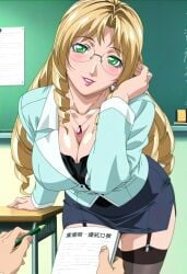 1boy 1girls adjusting_hair adult adult_female ai_generated arm_support bent_over bible_black bible_black_new_testament blazer blonde_hair breast_focus busty center_opening chalkboard classroom cleavage collarbone desk documents drill_sidelocks dropping dropping_object earrings eye_contact faceless_male female_focus flirting flirting_with_viewer glasses green_eyes head_tilt high_resolution indoors inviting inviting_to_sex japanese_text jewelry leaning_forward lipstick long_hair looking_at_viewer makeup male_pov midriff narrowed_eyes naughty naughty_face naughty_smile navel necklace no_bra no_bra_under_clothes offering offering_sex offering_to_another paper paperwork partial_male pencil pencil_skirt pov pov_eye_contact pov_hands presenting presenting_breasts revealing_clothes seducing seduction sensei sexually_suggestive shin_bible_black shiraki_rika shirt sidelocks skimpy skimpy_clothes skirt stockings suggestive suggestive_look suggestive_pose teacher teacher_and_student tied_hair uncensored unprofessional_behavior upper_body writing yellow_hair young_adult young_adult_female