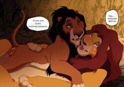 blush bodily_fluids brother brothers disney duo english_text erection felid feral fur gay genitals hi_res incest kissing lion male male/male male_only mammal mufasa open_mouth pantherine penis sasamaru scar scar_(the_lion_king) sibling size_difference text the_lion_king tongue yaoi