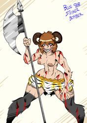 blood bluestrikerbomber breasts brown_hair commission grin halberd horns loincloth medium_breasts monster_girl satyr sharp_teeth short_hair topless