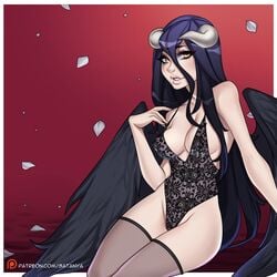 albedo_(overlord) angel_wings big_breasts black_hair breasts female female_only hair horns overlord_(maruyama) satanya solo stockings succubus yellow_eyes