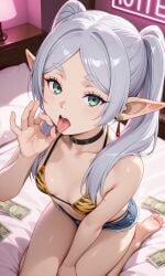 1girl ai_generated barefoot bikini choker denim_shorts earrings elf elf_ears elf_female elf_girl expressionless feet fellatio_gesture female frieren frieren_beyond_journey's_end from_above green_eyes grey_hair hotel_room indoors kneeling long_hair looking_back micro_shorts money mr.mawile on_bed open_mouth pointy_ears prostitution seiza small_breasts solo sousou_no_frieren thick_eyebrows thong_bikini tiger_print_bikini tongue_out twintails v_arms wariza